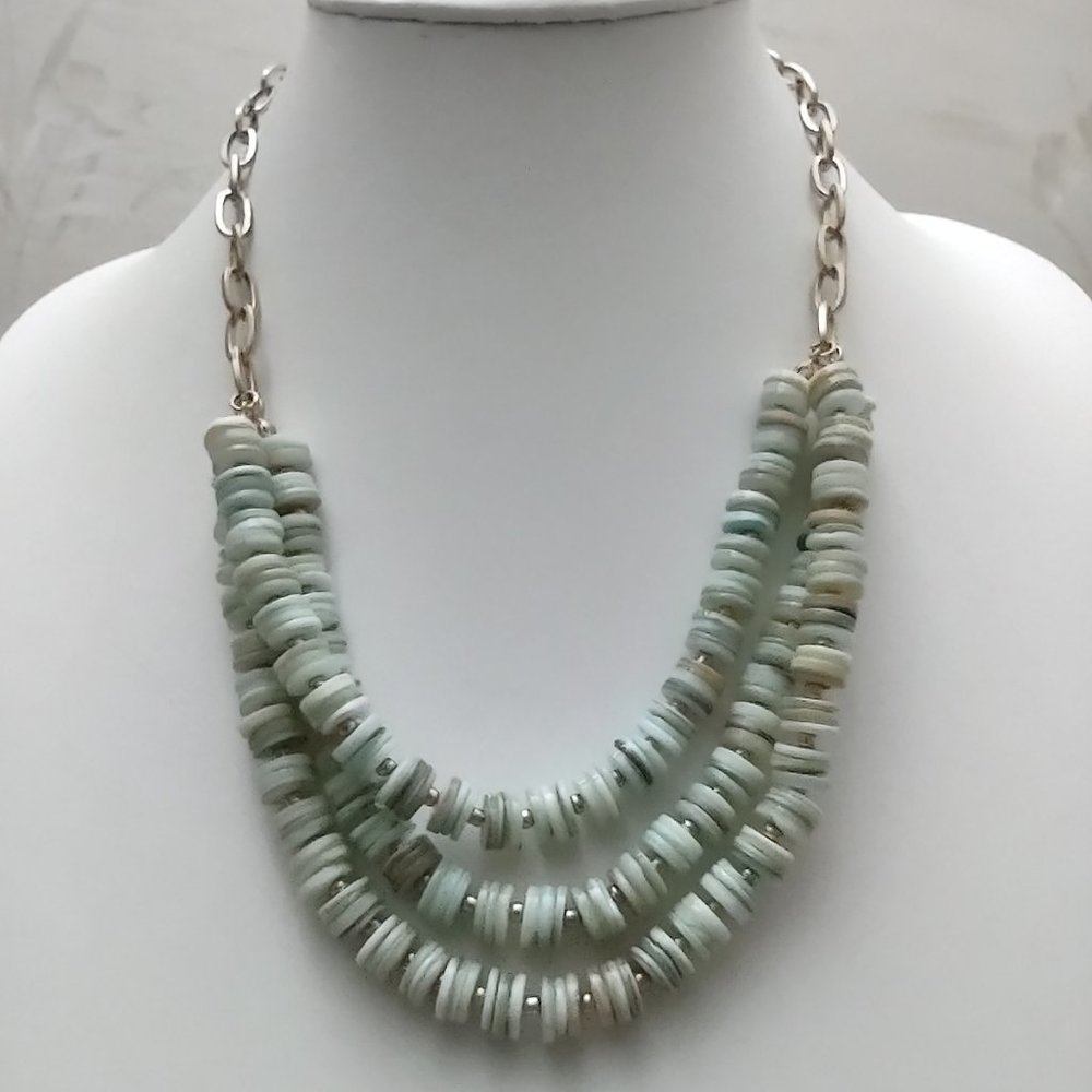 Aqua Heishi Shell and Gold Tone Oval Link Necklace 16 - 20 Inches